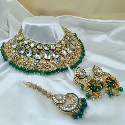 [BRIDAL COMBO 69 GREEN] BRIDAL COMBO 69 GREEN Kundan Choker Necklace Earring Jewellery set for Bride