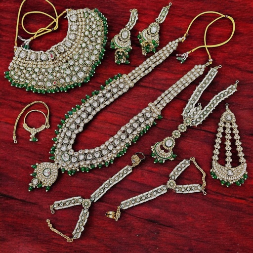 [BRIDAL COMBO 82 GREEN] BRIDAL COMBO 82 GREEN Kundan Choker Necklace Earring Jewellery set for Bride