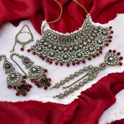 [BRIDAL COMBO 84 MAROON] BRIDAL COMBO 84 MAROON Kundan Choker Necklace Earring Jewellery set for Bride