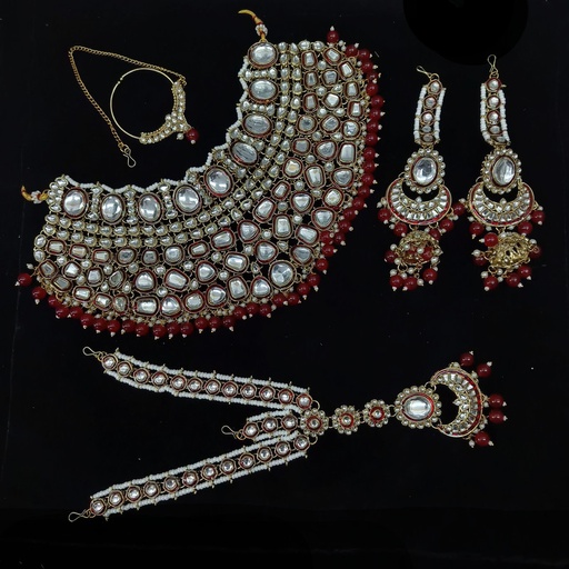 [BRIDAL COMBO 86 MAROON] BRIDAL COMBO 86 MAROON Kundan Choker Necklace Earring Jewellery set for Bride
