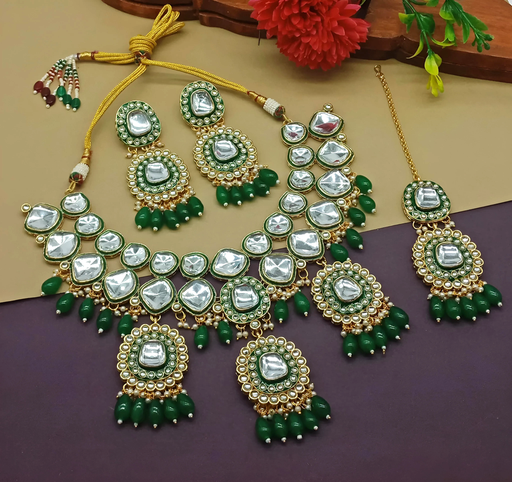 [DMT02 GREEN] DMT02 GREEN Choker Kundan Necklace & Earrings Jewellery set for Women