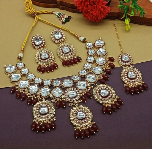 [DMT02 MAROON] DMT02 MAROON Choker Kundan Necklace & Earrings Jewellery set for Women