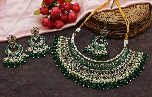 [DMT04 GREEN] DMT04 GREEN Choker Kundan Necklace & Earrings Jewellery set for Women