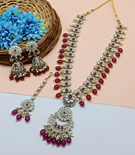 [DMT05 PURPLE] DMT05 PURPLE V Neck Long Kundan Necklace & Earrings Jewellery set for Women