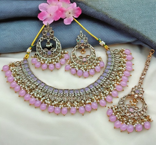 [DMT07 BABYPINK] DMT07 BABYPINK Choker Mehndi Polish Kundan Necklace & Earrings Jewellery set for Women