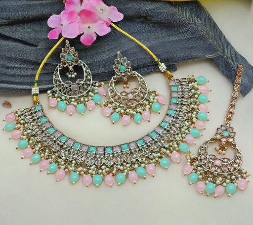 [DMT07 BABYPINK MINTGREEN] DMT07 BABYPINK MINTGREEN Choker Mehndi Polish Kundan Necklace & Earrings Jewellery set for Women