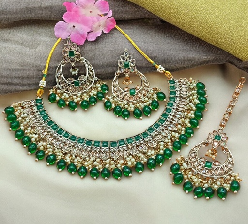 [DMT07 GREEN] DMT07 GREEN Choker Mehndi Polish Kundan Necklace & Earrings Jewellery set for Women