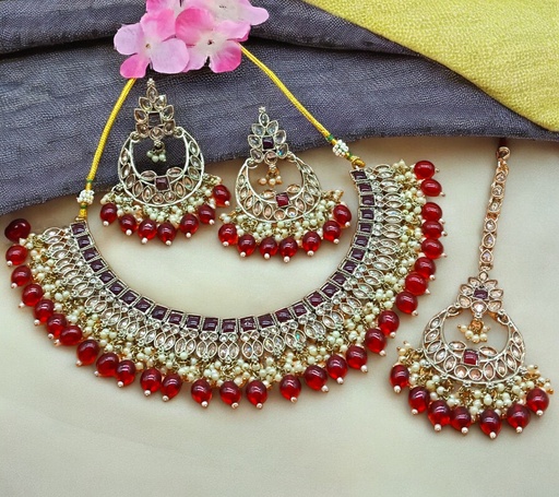 [DMT07 RED] DMT07 RED Choker Mehndi Polish Kundan Necklace & Earrings Jewellery set for Women