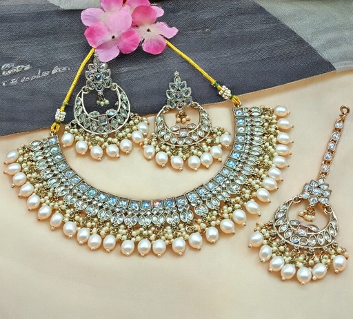 [DMT07 WHITE] DMT07 WHITE Choker Mehndi Polish Kundan Necklace & Earrings Jewellery set for Women