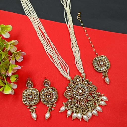 [DMT18] DMT18 Mehndi Polish Long Kundan Necklace & Earrings Jewellery set for Women