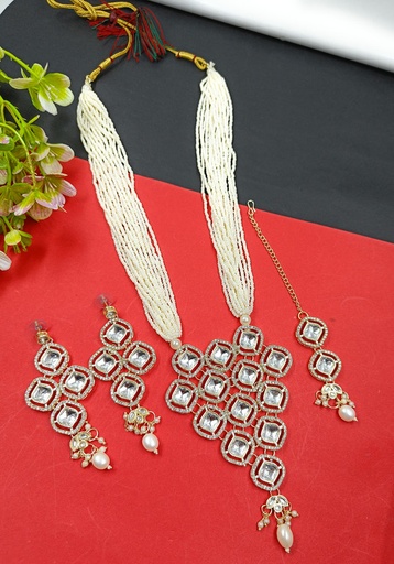 [DMT19] DMT19 V Neck Long Kundan Necklace & Earrings Jewellery set for Women