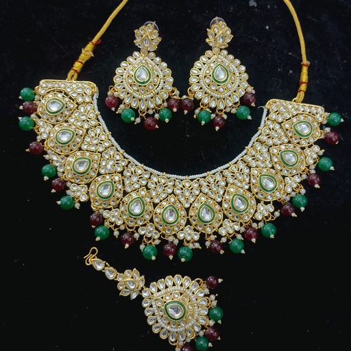 [DMT20 MAROON GREEN] DMT20 MAROON GREEN Choker Kundan Necklace & Earrings Jewellery set for Women