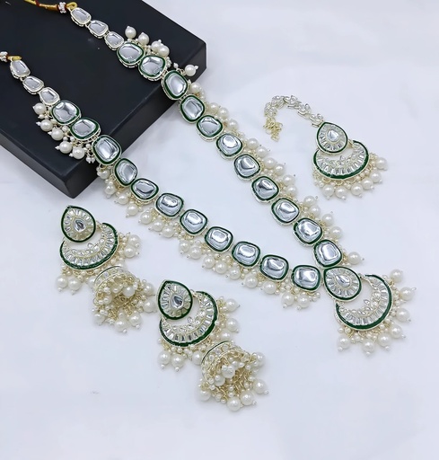 [dmt27 white] dmt27 white Long Kundan Necklace Earring Mangtikka Jewellery Set for women