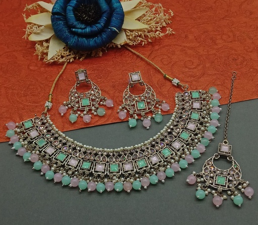 [DMT11 MINT GREEN BABY PINK] DMT11 MINT GREEN BABY PINK Choker Mehndi Polish Kundan Necklace & Earrings Jewellery set for Women