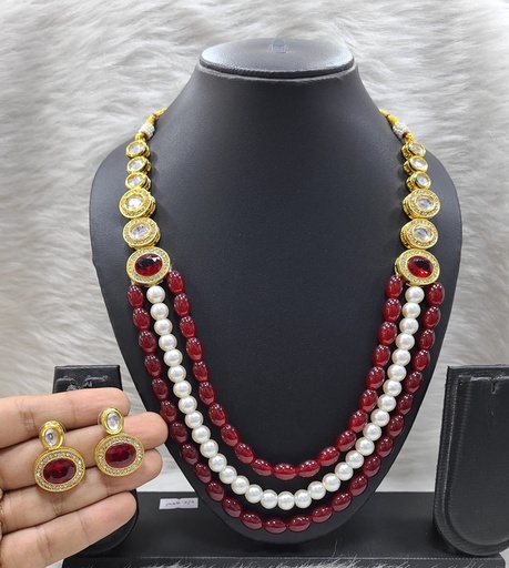 [K32 MAROON] K32 MAROON Dabbi Kundan With Back Meena Necklace Earring Jewellery set