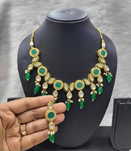 [K33 GREEN] K33 GREEN Dabbi Kundan With Back Meena Necklace Earring Jewellery set