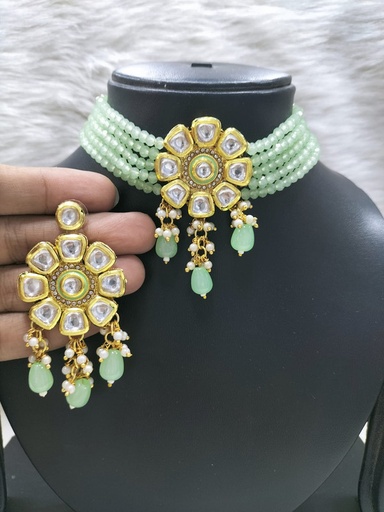[K34 MINT GREEN] K34 MINT GREEN Dabbi Kundan With Back Meena Necklace Earring Jewellery set