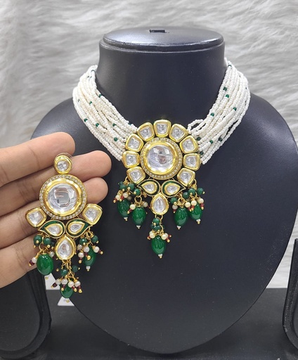 [K35 GREEN] K35 GREEN Dabbi Kundan With Back Meena Necklace Earring Jewellery set
