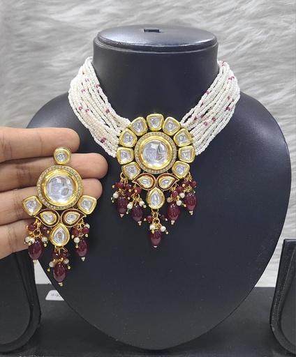 [K35 MAROON] K35 MAROON Dabbi Kundan With Back Meena Necklace Earring Jewellery set