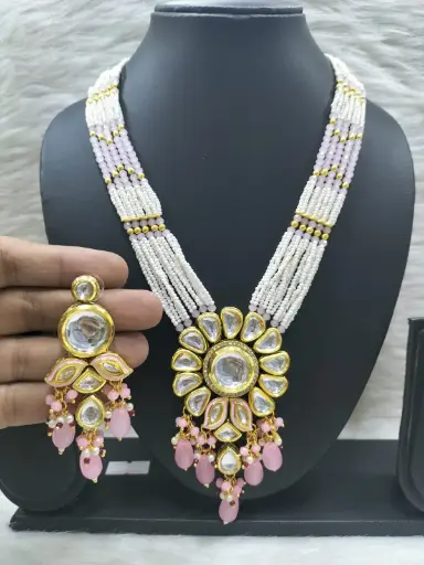 [K37 BABY PINK] K37 BABY PINK Dabbi Kundan With Back Meena Necklace Earring Jewellery set
