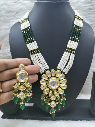 [K37 GREEN] K37 GREEN Dabbi Kundan With Back Meena Necklace Earring Jewellery set