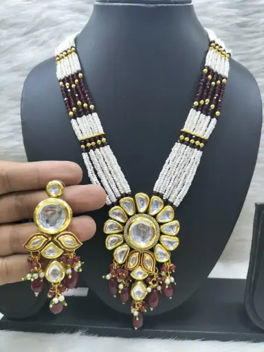 [K37 MAROON] K37 MAROON Dabbi Kundan With Back Meena Necklace Earring Jewellery set