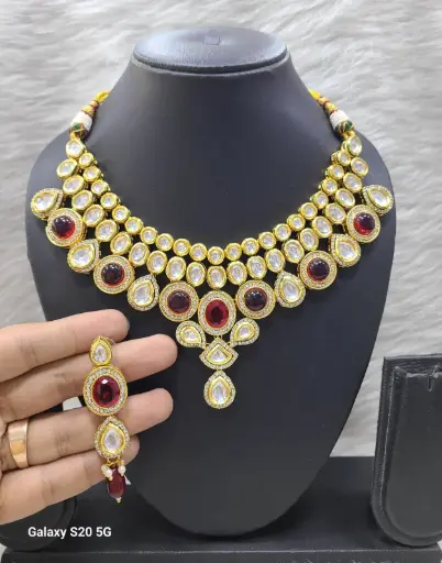 [K38 MAROON] K38 MAROON Dabbi Kundan With Back Meena Necklace Earring Jewellery set