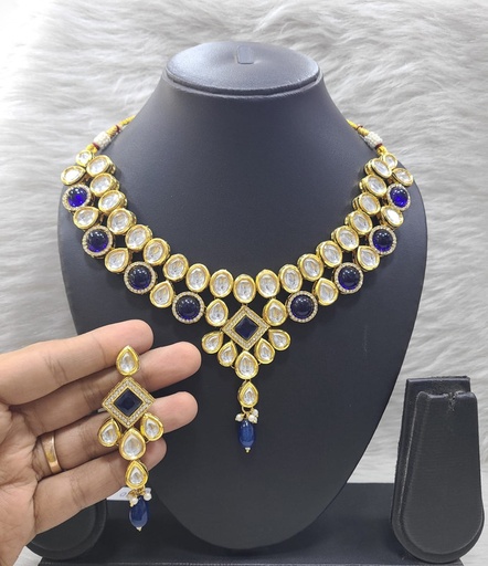 [K48 BLUE] K48 BLUE Dabbi Kundan With Back Meena Necklace Earring Jewellery set