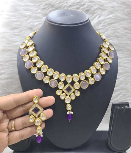 [K48 PURPLE] K48 PURPLE Dabbi Kundan With Back Meena Necklace Earring Jewellery set