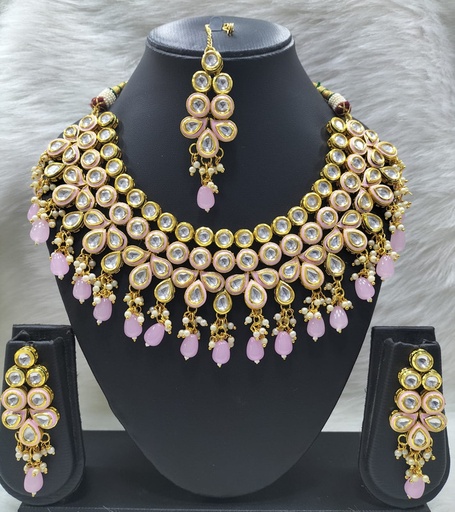 [K51 BABY PINK] K51 BABY PINK Dabbi Kundan With Back Meena Necklace Earring Jewellery set