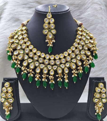 [K51 GREEN] K51 GREEN Dabbi Kundan With Back Meena Necklace Earring Jewellery set