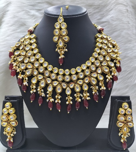 [K51 MAROON] K51 MAROON Dabbi Kundan With Back Meena Necklace Earring Jewellery set