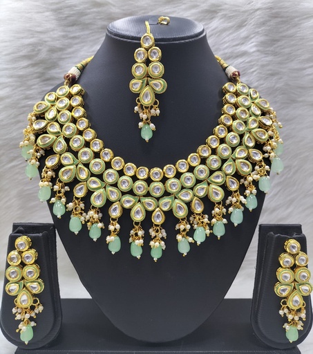 [K51 MINT GREEN] K51 MINT GREEN Dabbi Kundan With Back Meena Necklace Earring Jewellery set