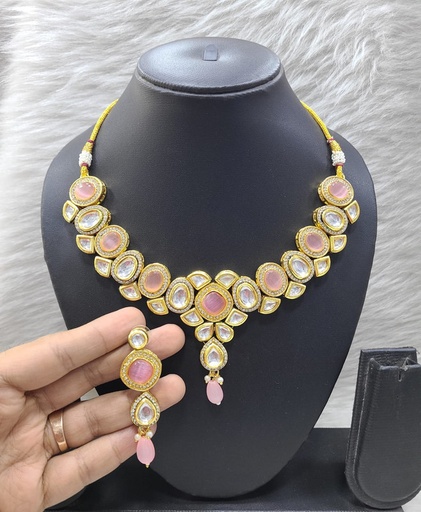 [K52 BABY PINK] K52 BABY PINK Dabbi Kundan With Back Meena Necklace Earring Jewellery set
