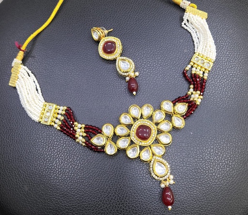 [K53 MAROON] K53 MAROON Dabbi Kundan With Back Meena Necklace Earring Jewellery set
