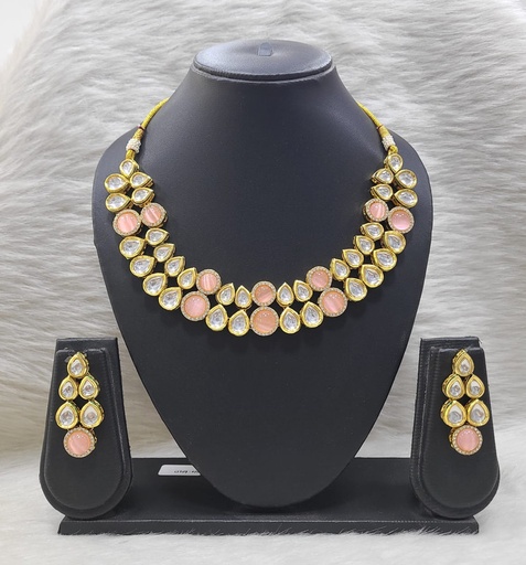 [K13 BABY PINK] K13 BABY PINK Dabbi Kundan With Back Meena Necklace Earring Jewellery set