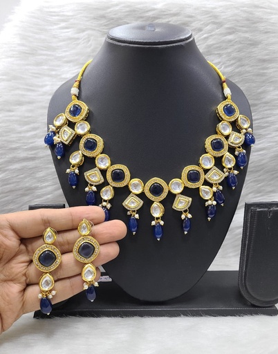 [K15 BLUE] K15 BLUE Dabbi Kundan With Back Meena Necklace Earring Jewellery set