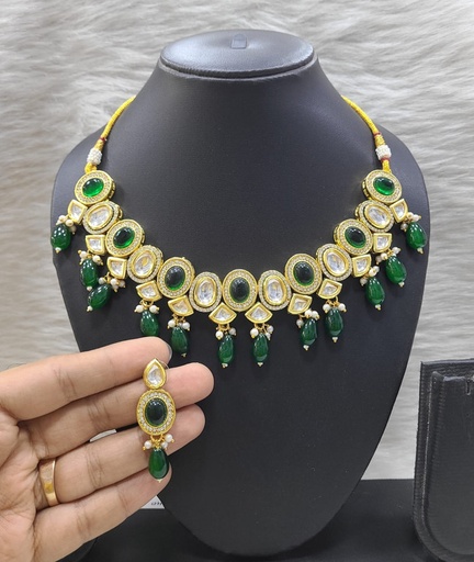 [K16 GREEN] K16 GREEN Dabbi Kundan With Back Meena Necklace Earring Jewellery set