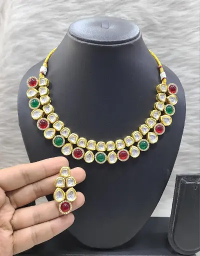 [K19 MAROON GREEN] K19 MAROON GREEN Dabbi Kundan With Back Meena Necklace Earring Jewellery set