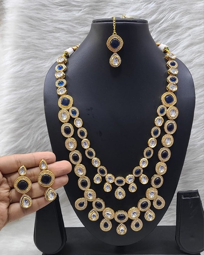 [K20 BLUE] K20 BLUE Dabbi Kundan With Back Meena Necklace Earring Jewellery set