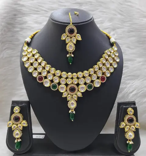 [K20 MAROON GREEN] K20 MAROON GREEN Dabbi Kundan With Back Meena Necklace Earring Jewellery set
