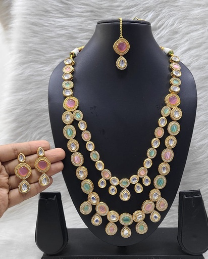 [K20 MINT GREEN] K20 MINT GREEN Dabbi Kundan With Back Meena Necklace Earring Jewellery set