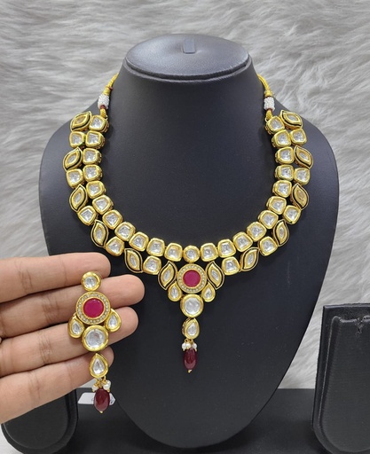 [K21 MAROON] K21 MAROON Dabbi Kundan With Back Meena Necklace Earring Jewellery set