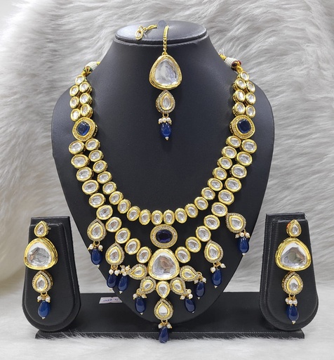 [K25 BLUE] K25 BLUE Dabbi Kundan With Back Meena Necklace Earring Jewellery set