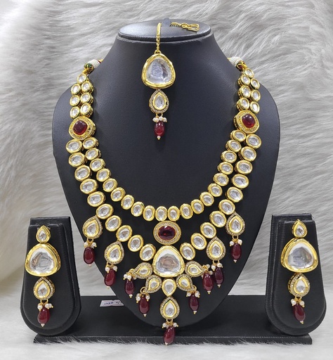 [K25 MAROON] K25 MAROON Dabbi Kundan With Back Meena Necklace Earring Jewellery set