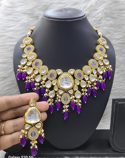 [K27 PURPLE] K27 PURPLE Dabbi Kundan With Back Meena Necklace Earring Jewellery set