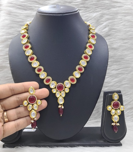 [K28 MAROON] K28 MAROON Dabbi Kundan With Back Meena Necklace Earring Jewellery set