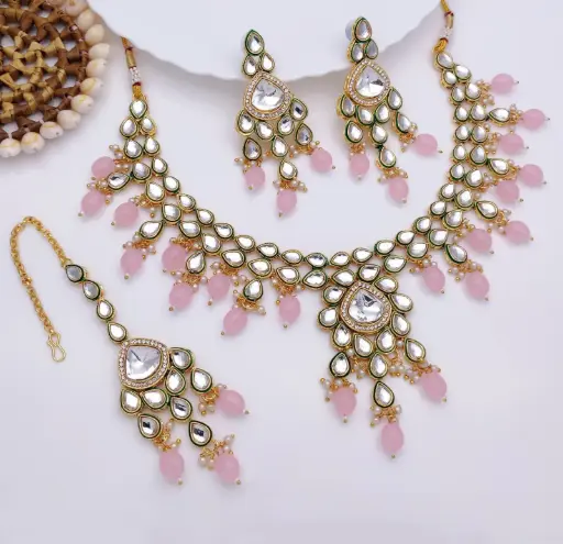[AIMS001 BABY PINK] AIMS001 BABY PINK Premium quality Kundan Pendant Necklace & Earrings Jewellery set for Women