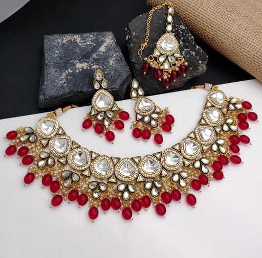 [AIMS002 RED] AIMS002 RED Premium quality Kundan Pendant Necklace & Earrings Jewellery set for Women
