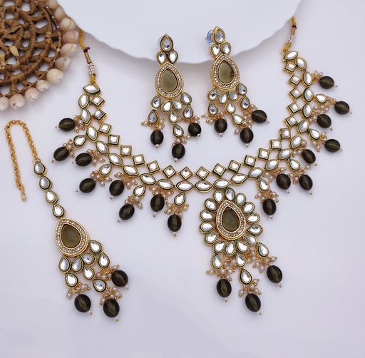 [AIMS003 MEHNDI] AIMS003 MEHNDI Premium quality Kundan Pendant Necklace & Earrings Jewellery set for Women